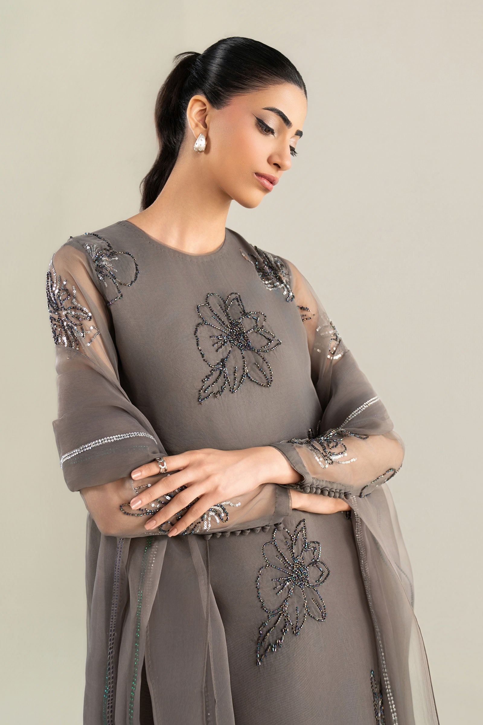 3 Pc Embellished Raw Silk Suit