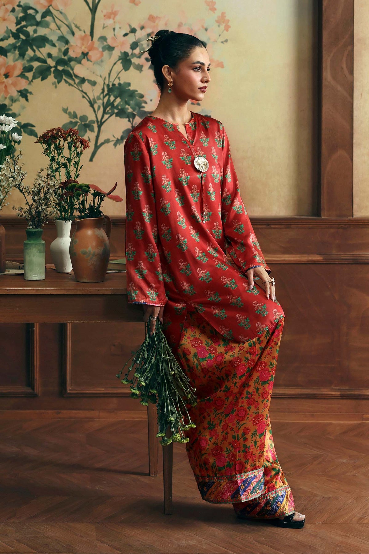 2 Pc Printed Satin Silk Suit