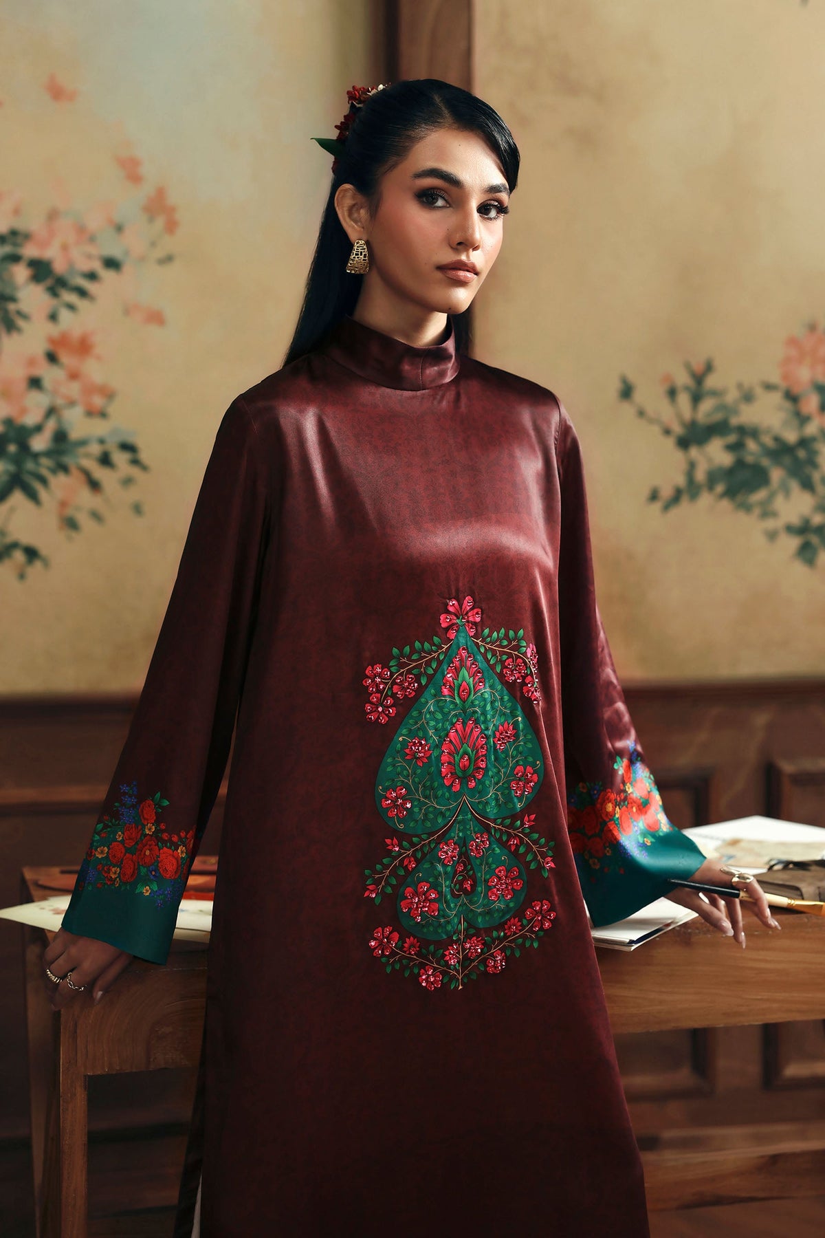 2 Pc Embellished Satin Silk Suit