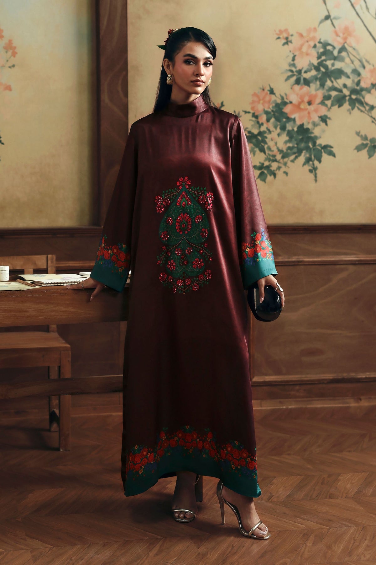2 Pc Embellished Satin Silk Suit