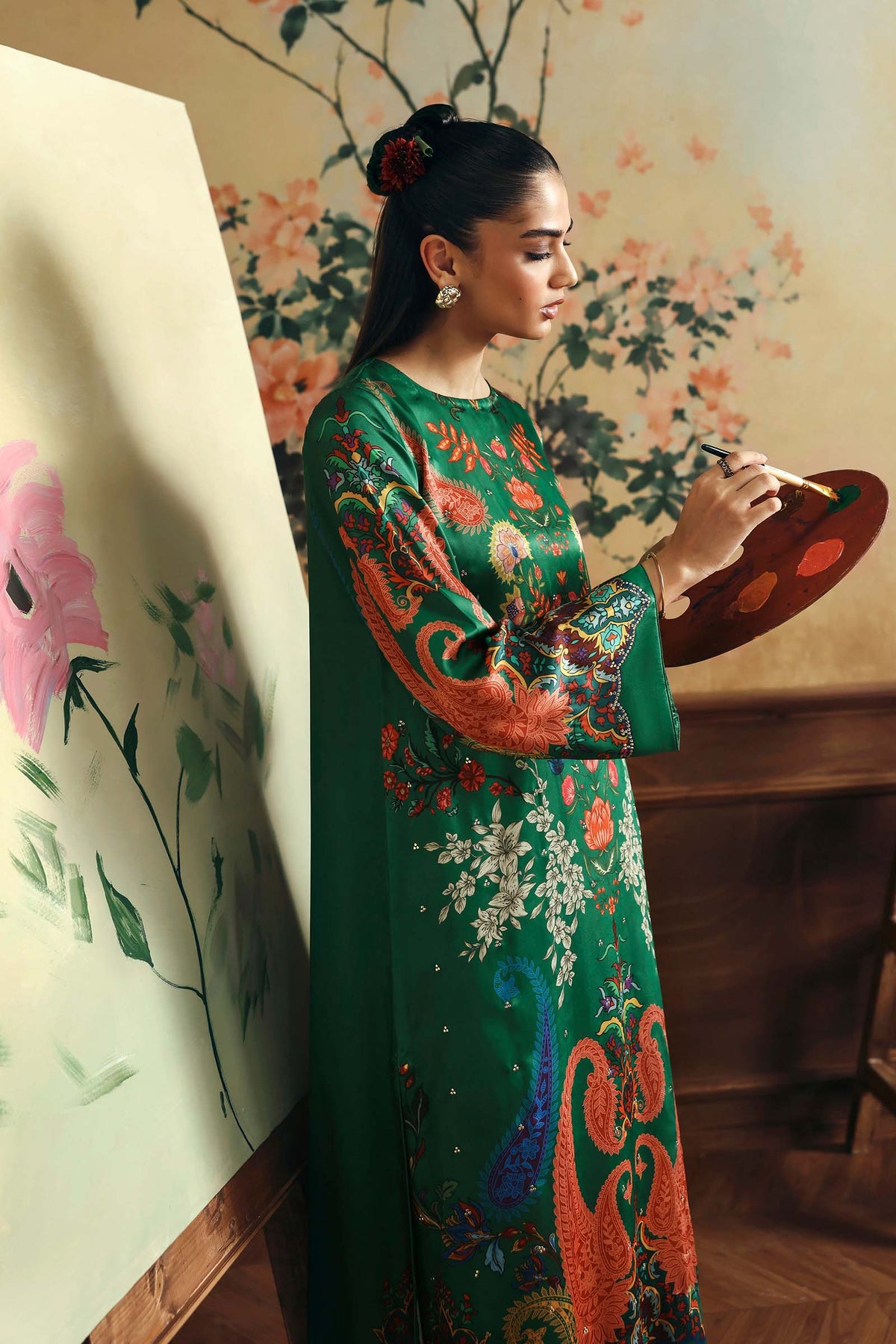 2 Pc Embellished Satin Silk Suit - MBD1F19-ESM-GRN