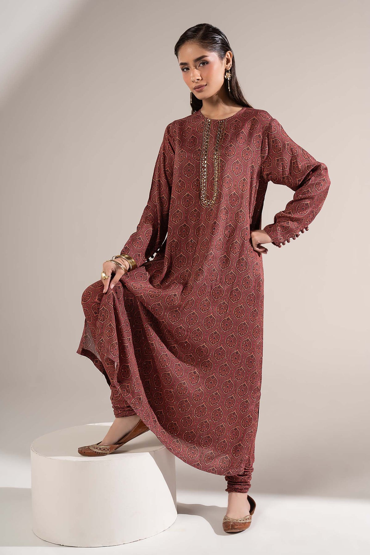 2 Pc Embellished Raw Silk Suit - MBD1F37-ESM-MRN