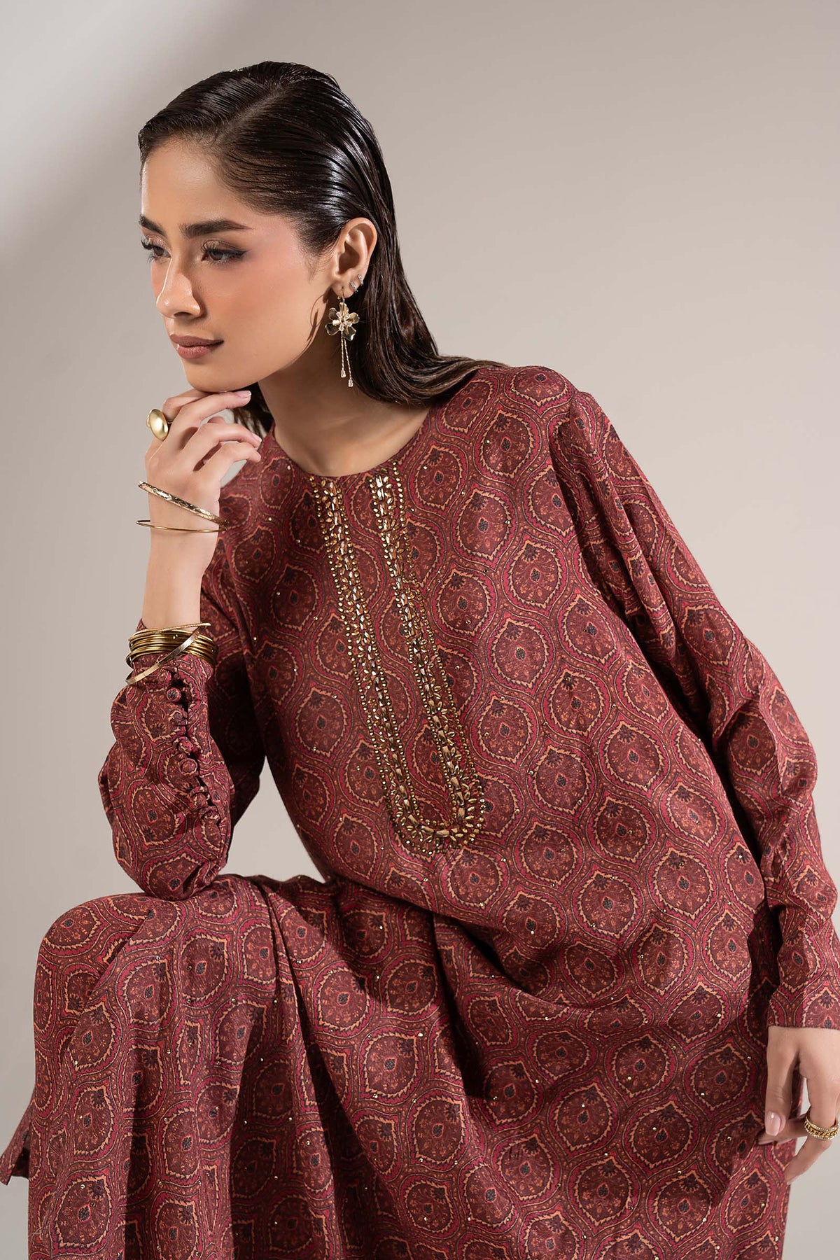 2 Pc Embellished Raw Silk Suit - MBD1F37-ESM-MRN