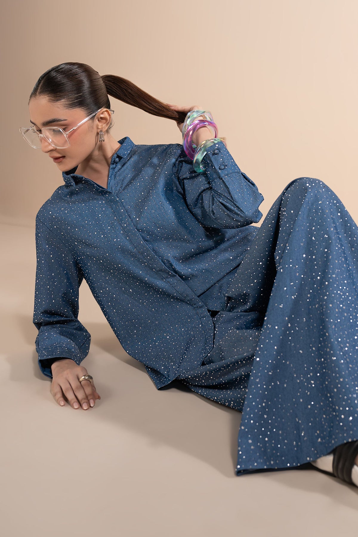 2 Pc Embellished Denim Suit