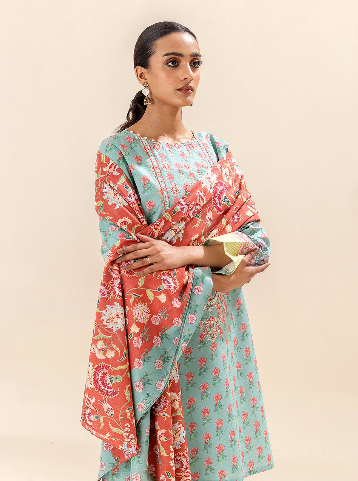 3 Piece Embroidered Lawn Suit-Sea Coral (Unstitched)