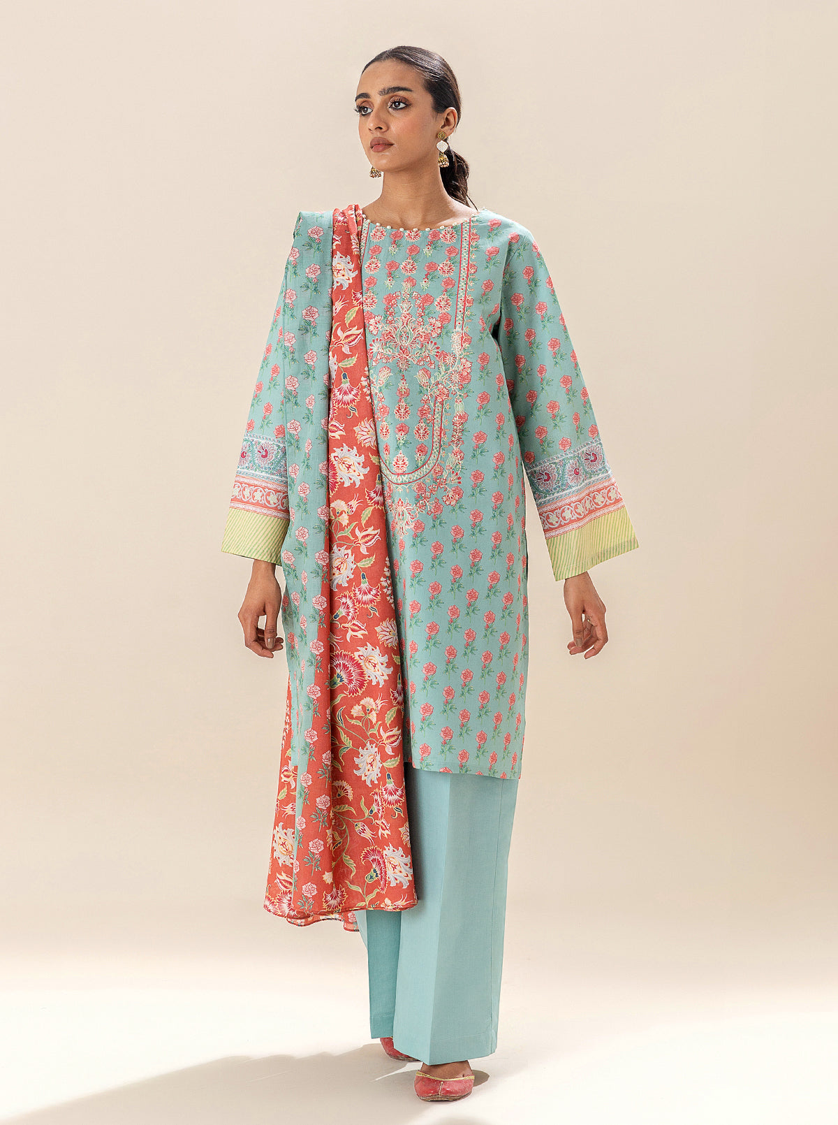 3 Piece Embroidered Lawn Suit-Sea Coral (Unstitched)