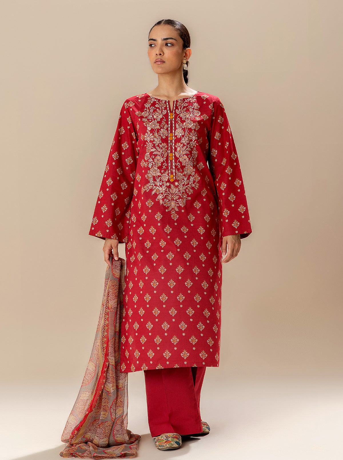 3 Piece Embroidered Lawn Suit-Bright Poppy (Unstitched)
