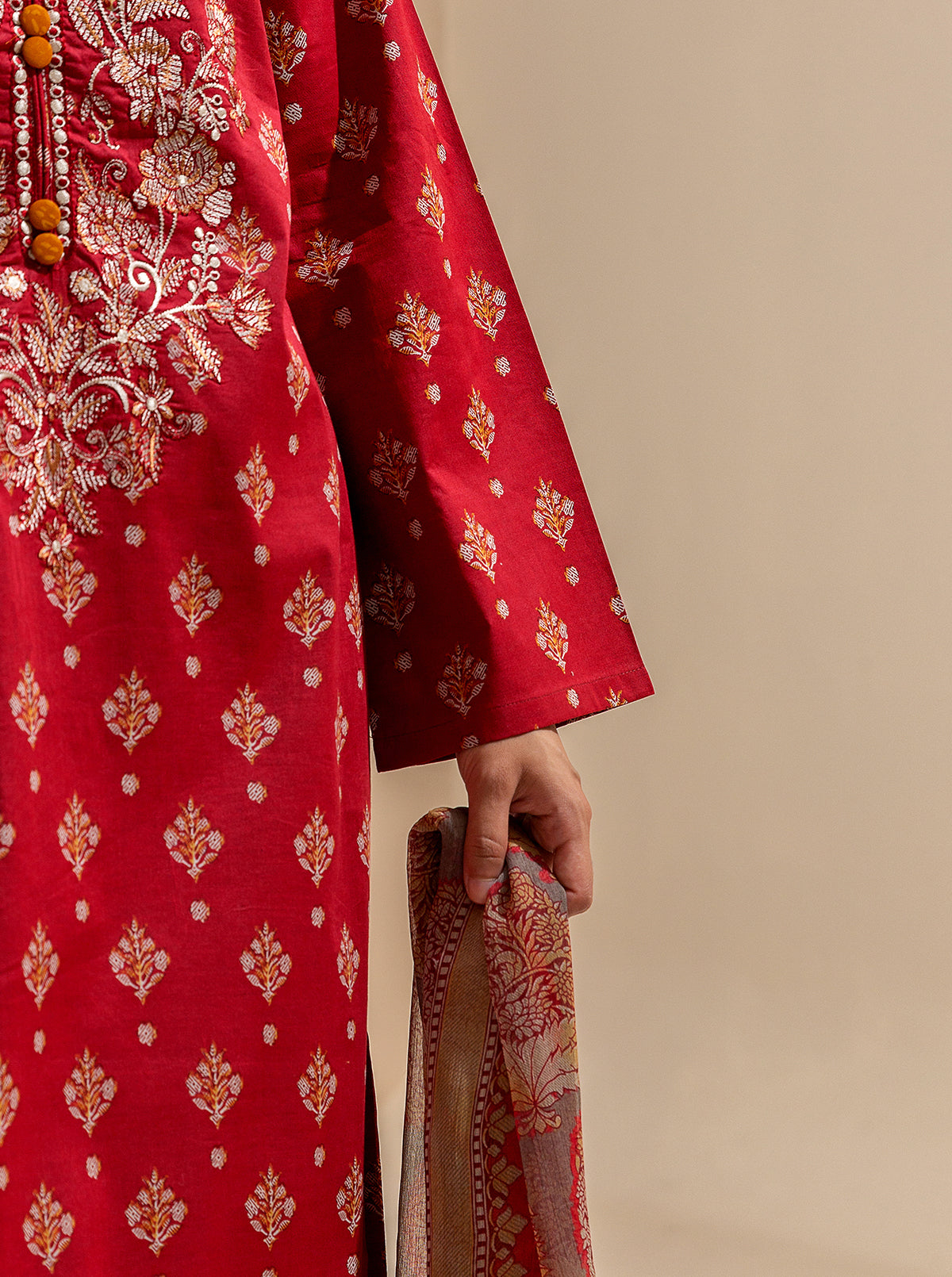 3 Piece Embroidered Lawn Suit-Bright Poppy (Unstitched)