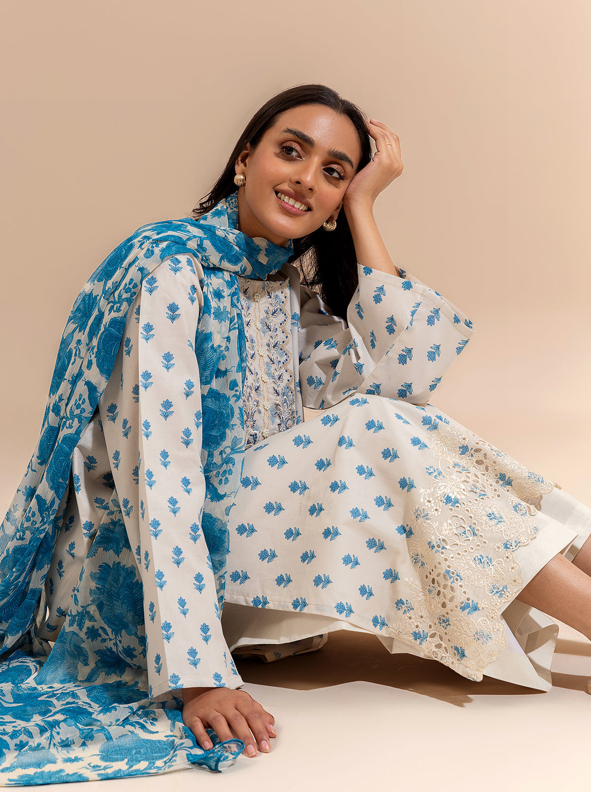3 Piece Embroidered Lawn Suit-Blue Gems (Unstitched)