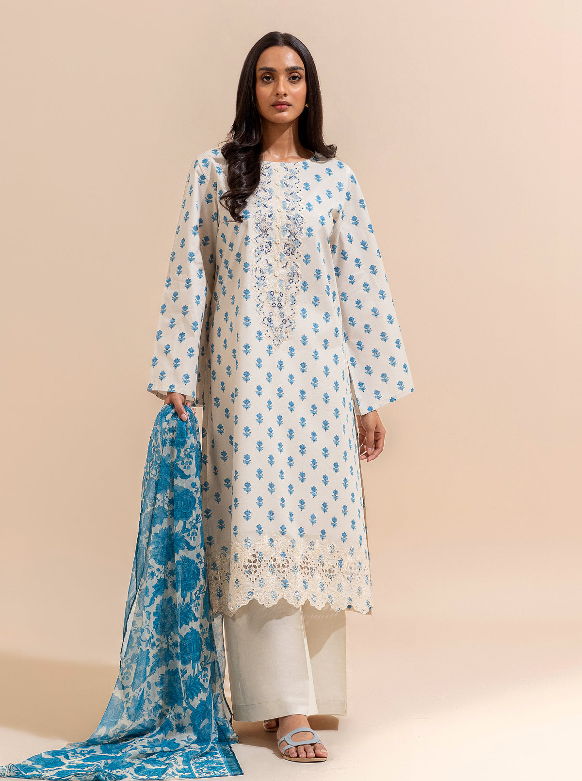 3 Piece Embroidered Lawn Suit-Blue Gems (Unstitched)