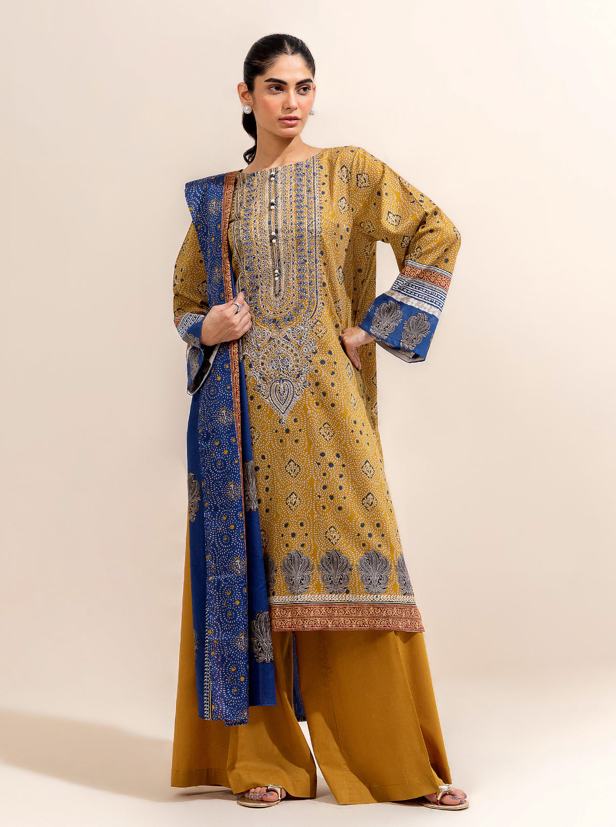 3 Piece Embroidered Lawn-Old Gold (Unstitched)
