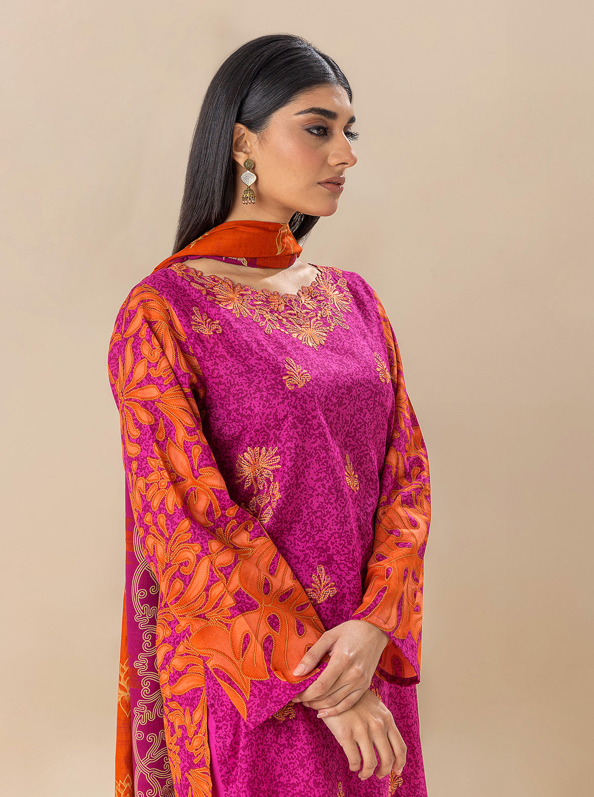 3 Piece Embroidered Lawn Suit-Vivid Fuschia (Unstitched)