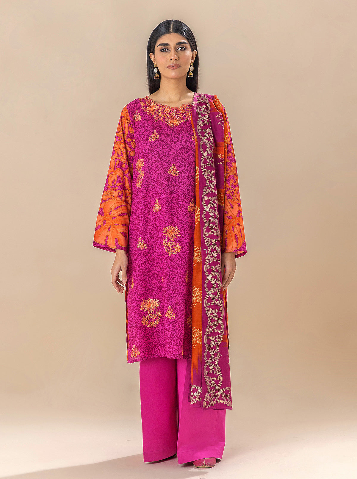 3 Piece Embroidered Lawn Suit-Vivid Fuschia (Unstitched)
