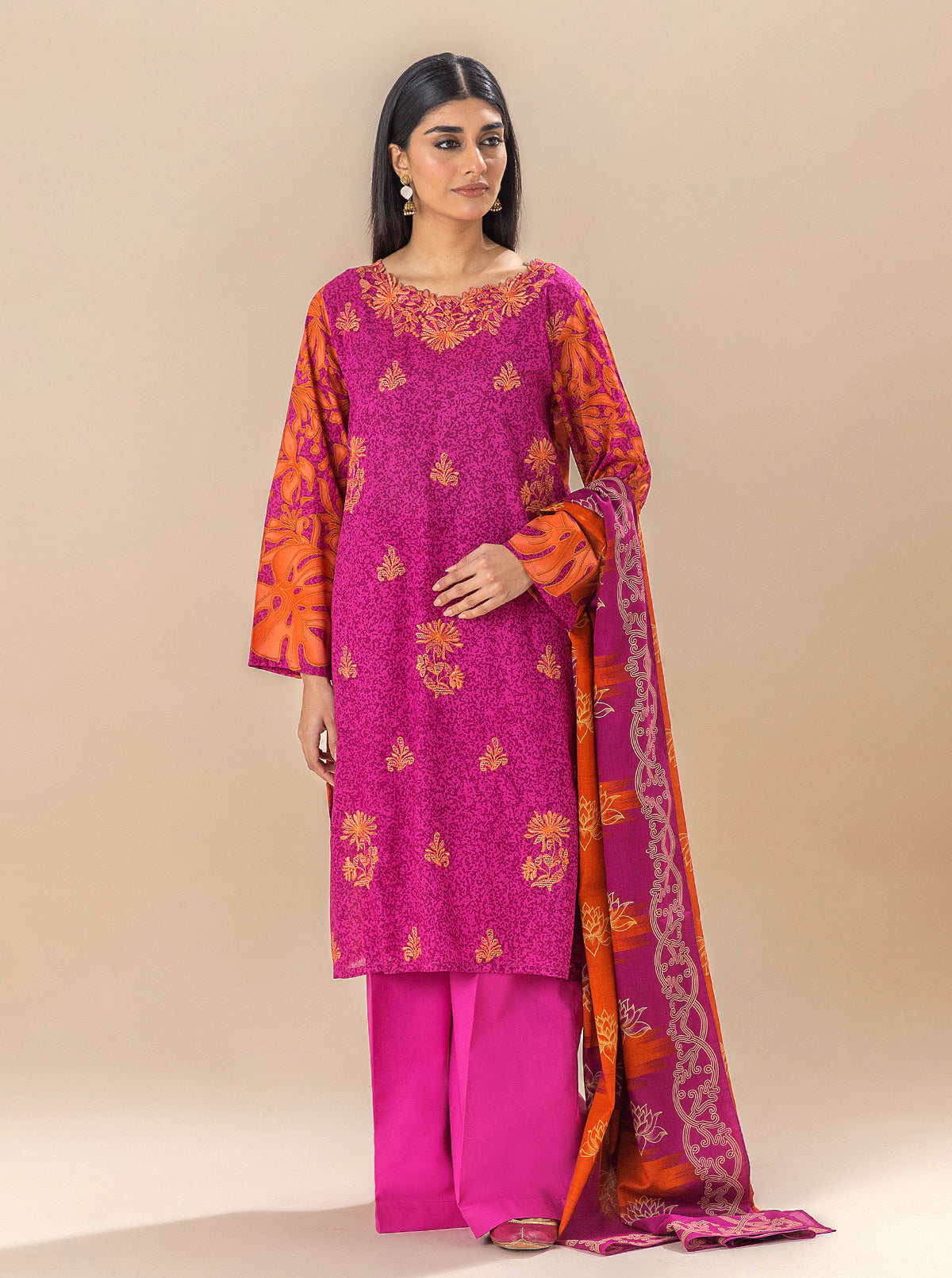3 Piece Embroidered Lawn Suit-Vivid Fuschia (Unstitched)