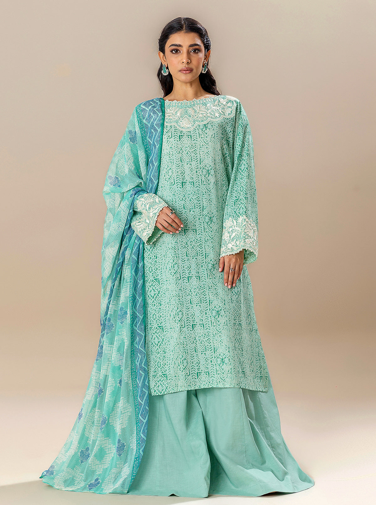 3 Piece Embroidered Lawn Suit-Mineral Mine (Unstitched)