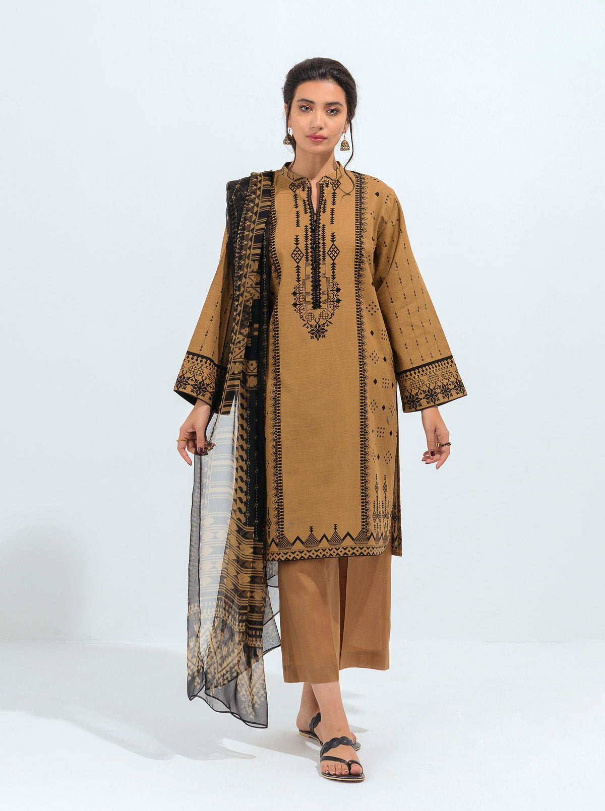 3 Piece - Printed Khaddar Suit - Oriental Gold