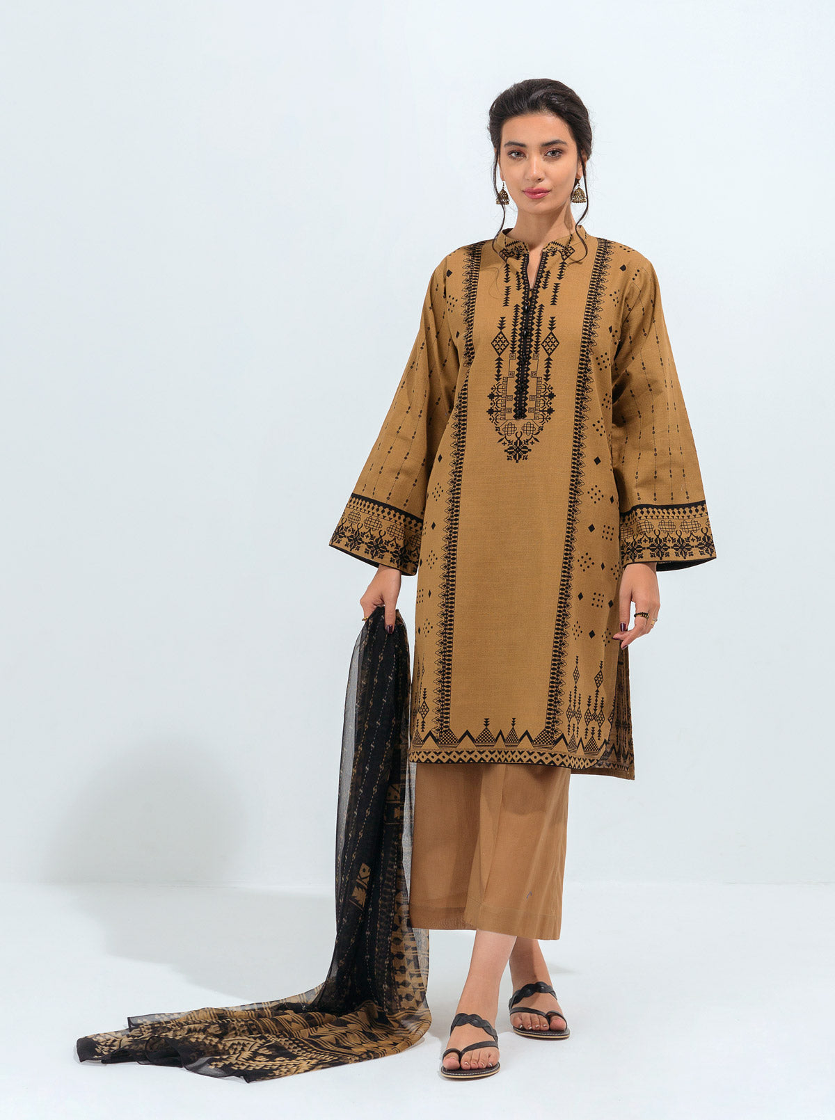 3 Piece - Printed Khaddar Suit - Oriental Gold