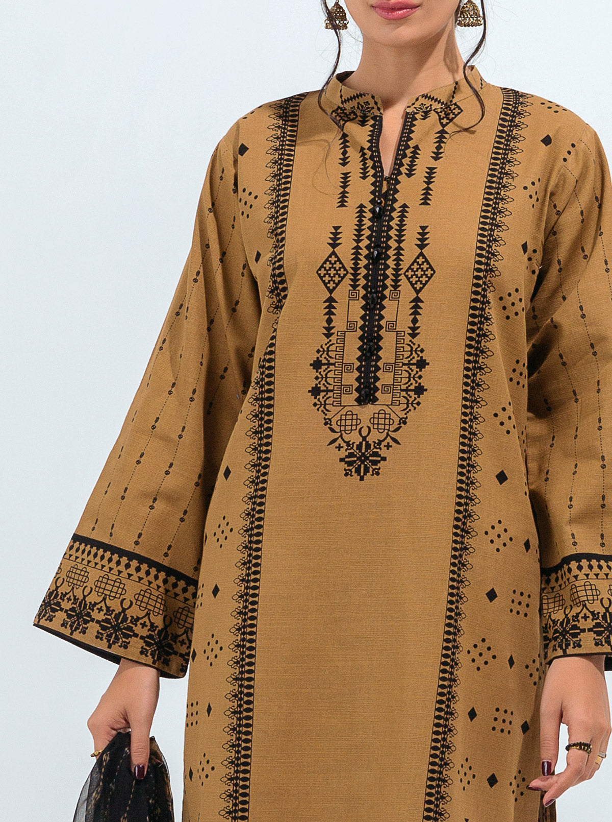 3 Piece - Printed Khaddar Suit - Oriental Gold
