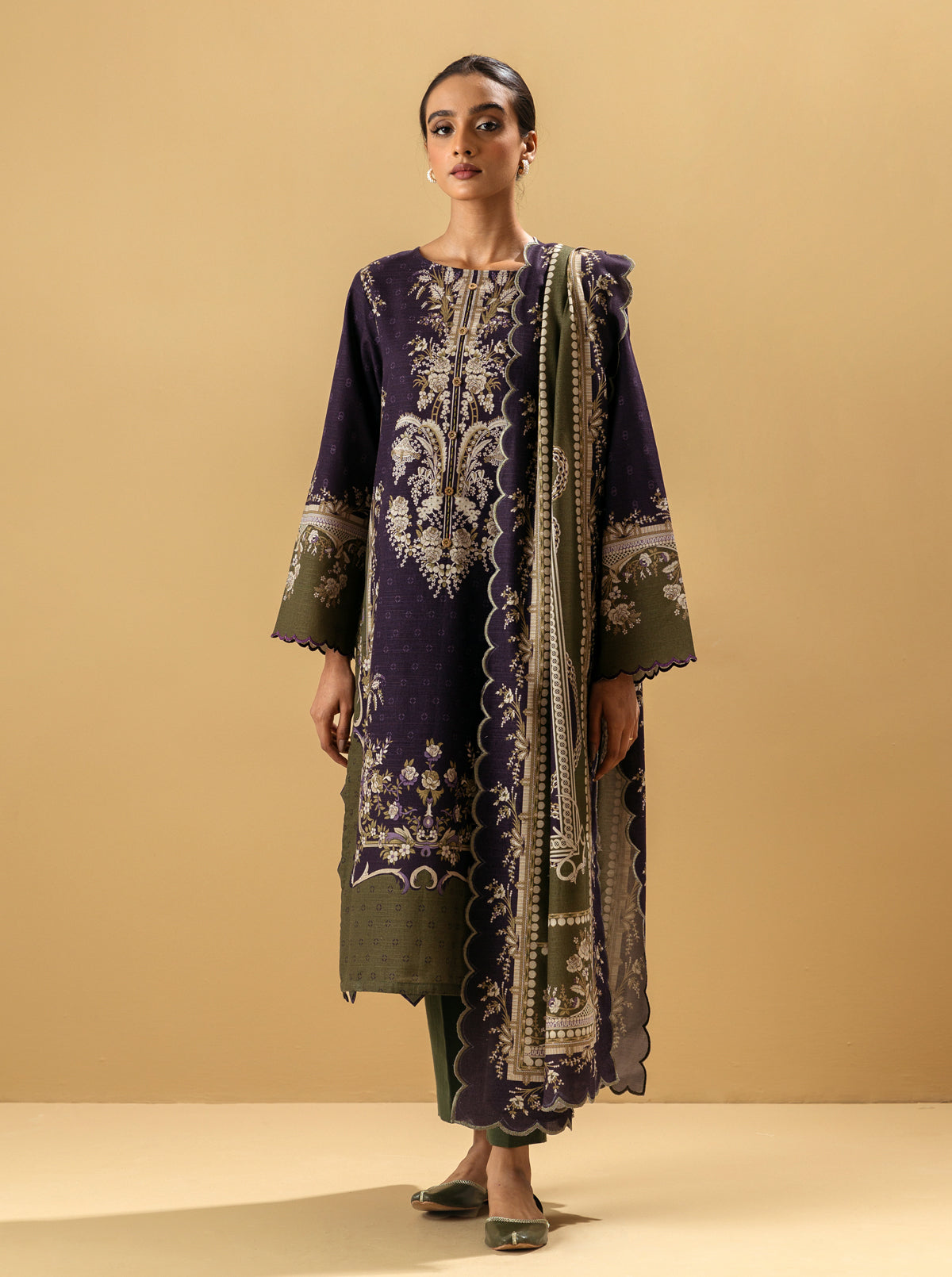 3 Piece - Printed Khaddar Suit - Byzantine Olive