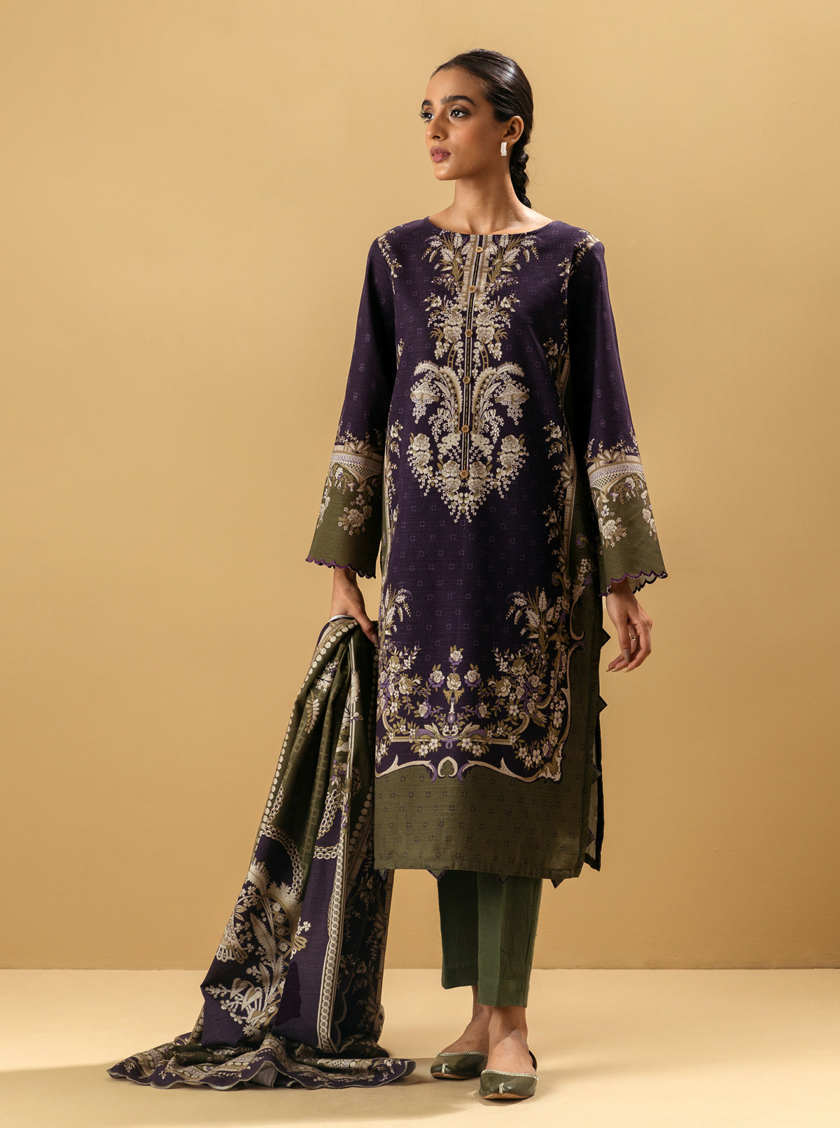 3 Piece - Printed Khaddar Suit - Byzantine Olive
