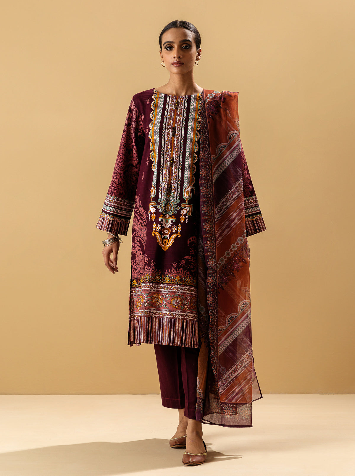 3 Piece - Printed Khaddar Suit - Imperial Ruby