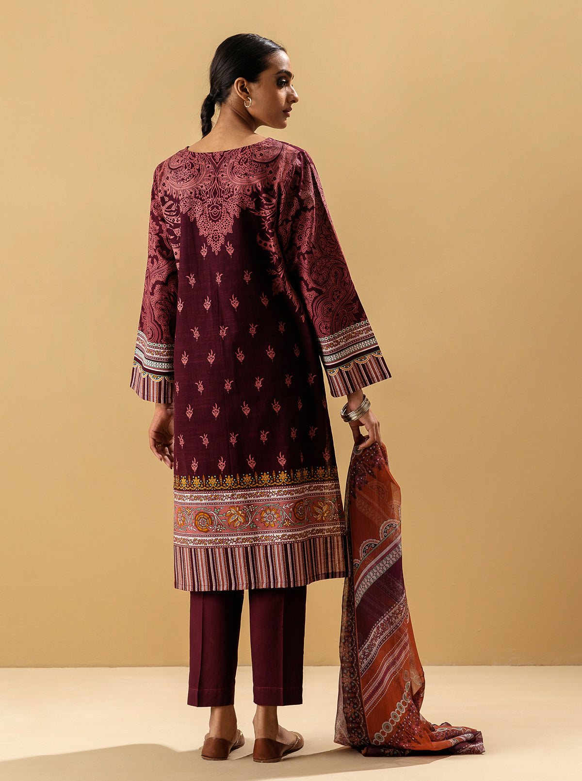 3 Piece - Printed Khaddar Suit - Imperial Ruby