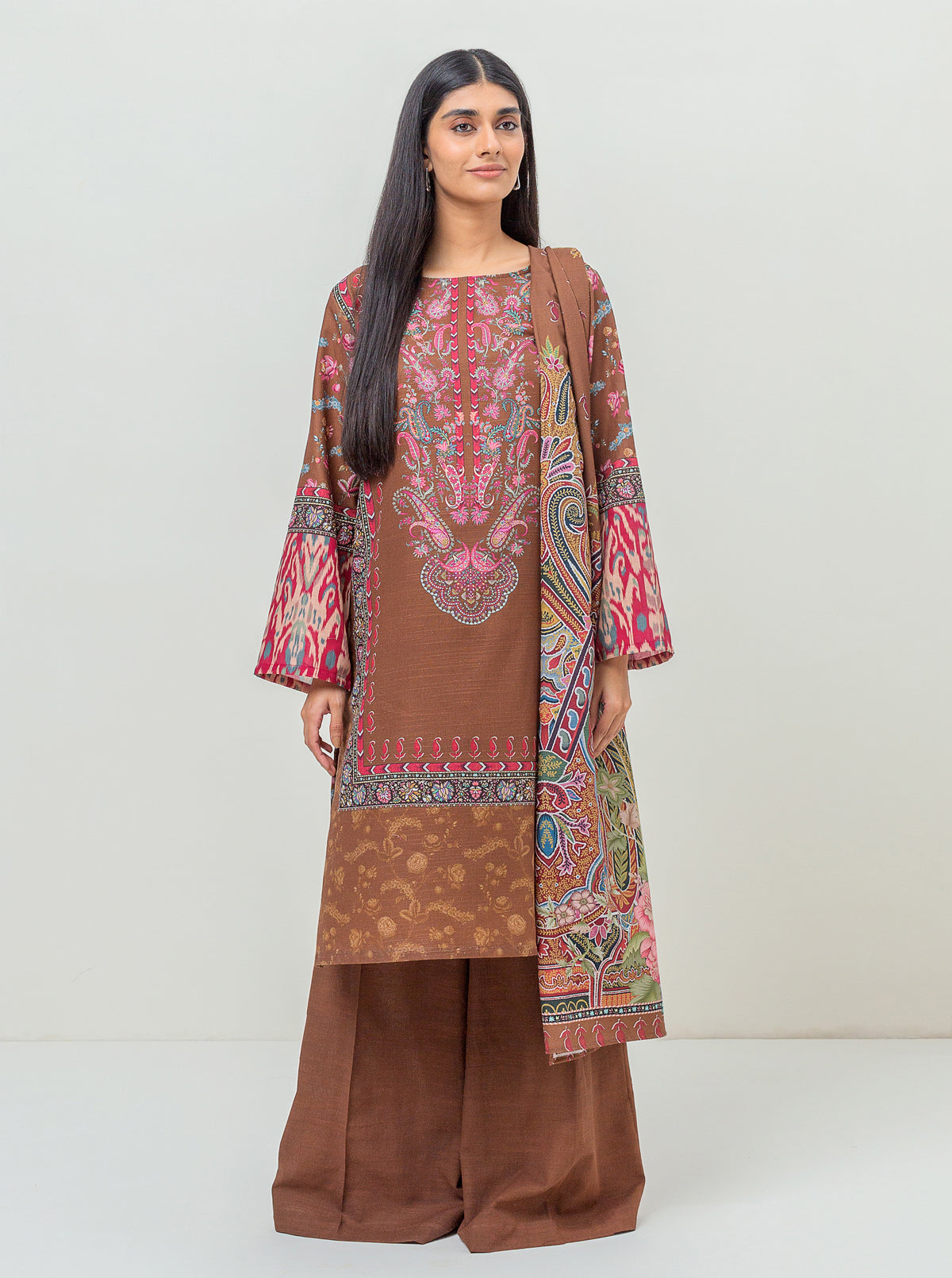 3 Piece - Printed Khaddar Suit - Divine Plum