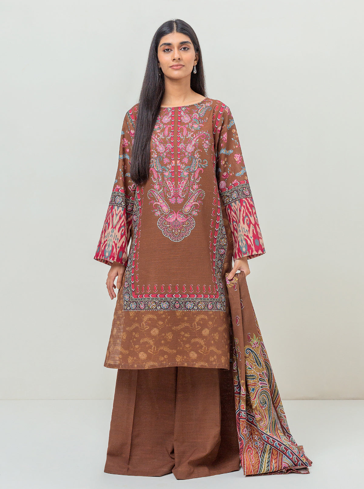 3 Piece - Printed Khaddar Suit - Divine Plum