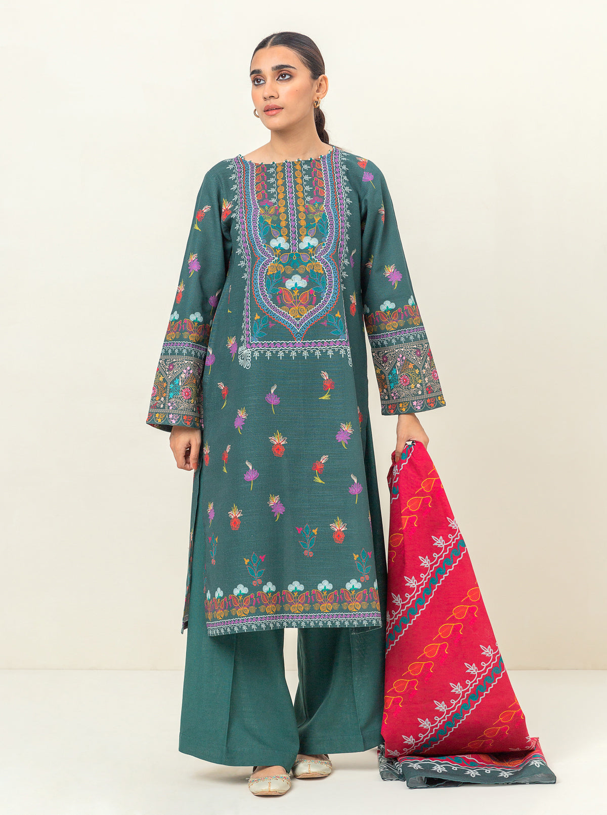 3 Piece - Printed Khaddar Suit - Ethnic Elegance