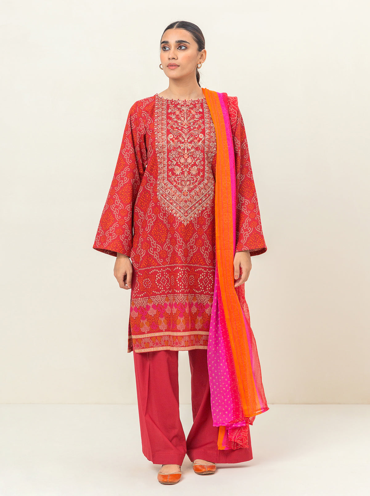 3 Piece - Embroidered Khaddar Suit - Cranberry Crush