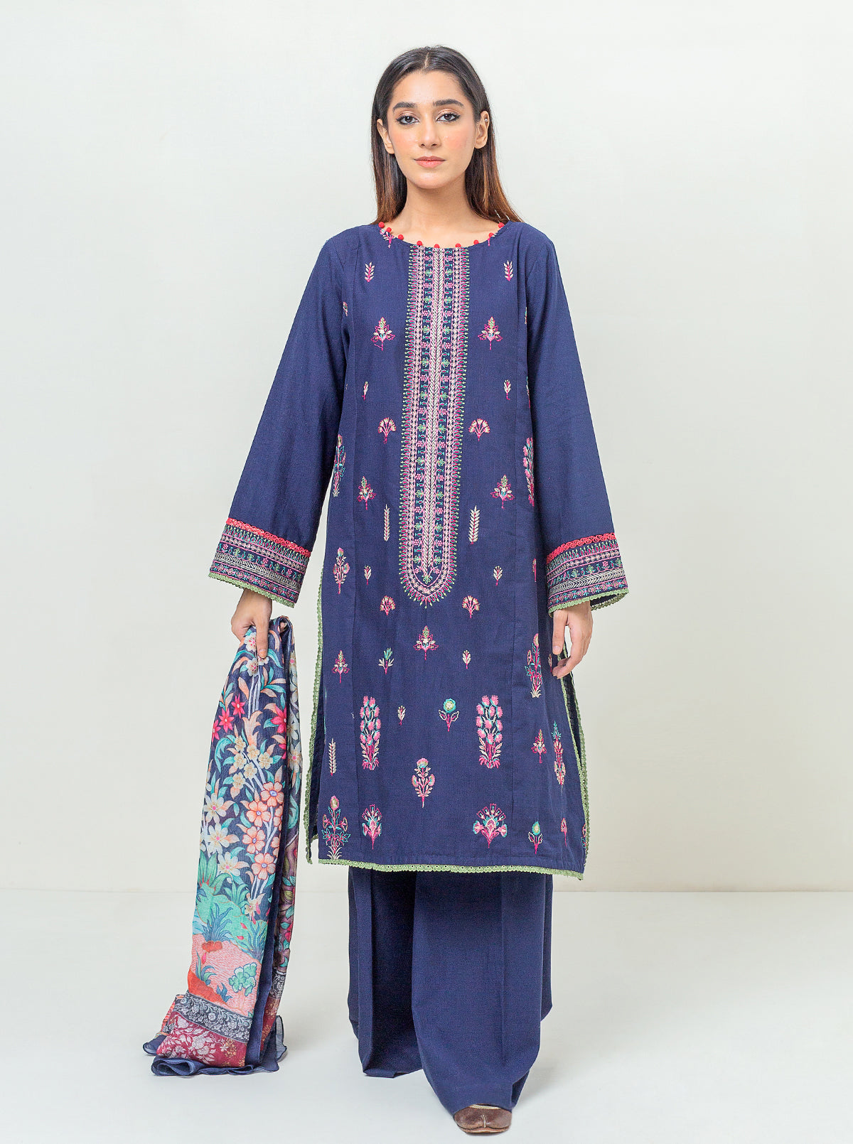 3 Piece - Embroidered Khaddar Suit - Dark Fantasy