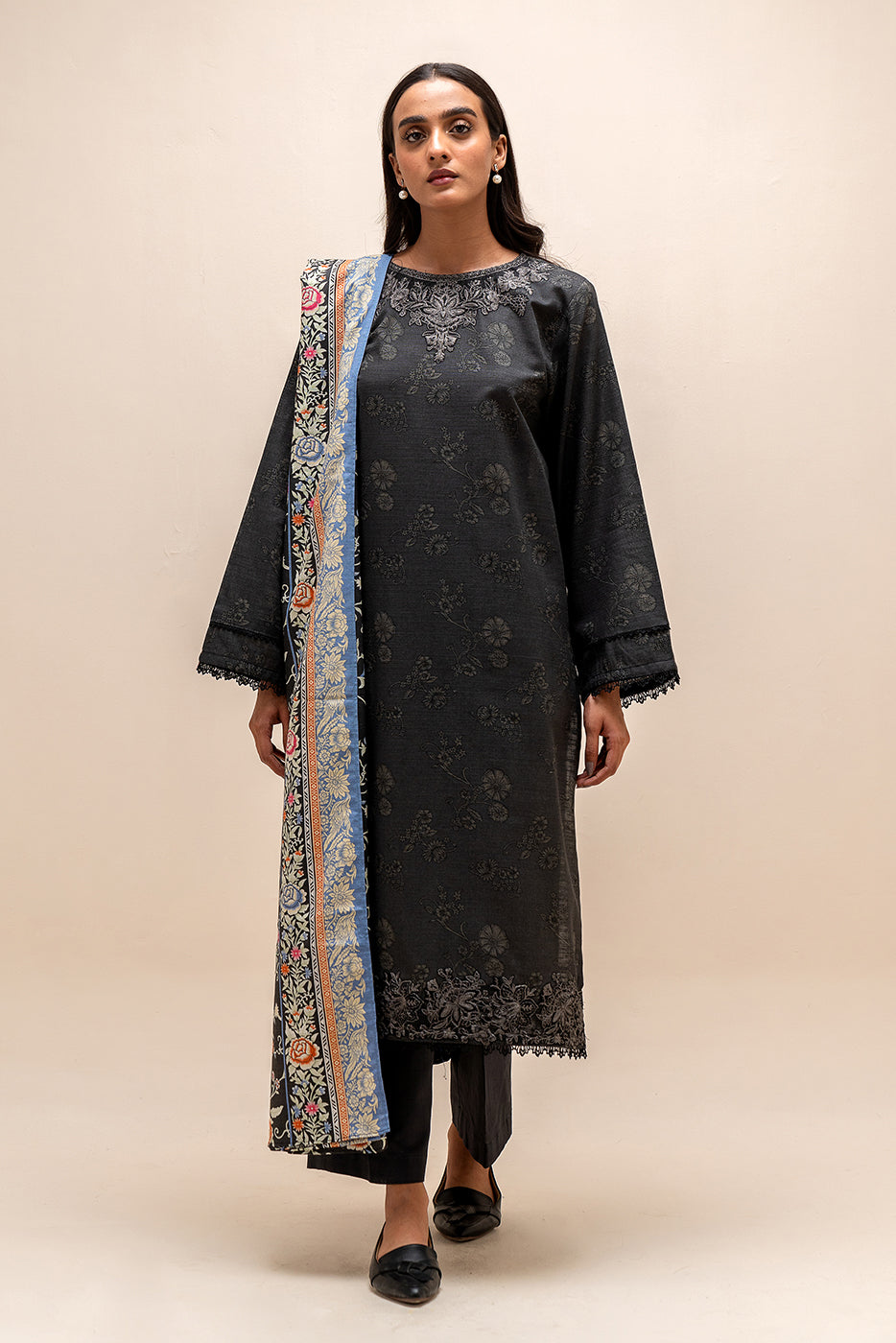 3 Piece Embroidered Khaddar Suit-Fossil Verve (Unstitched)