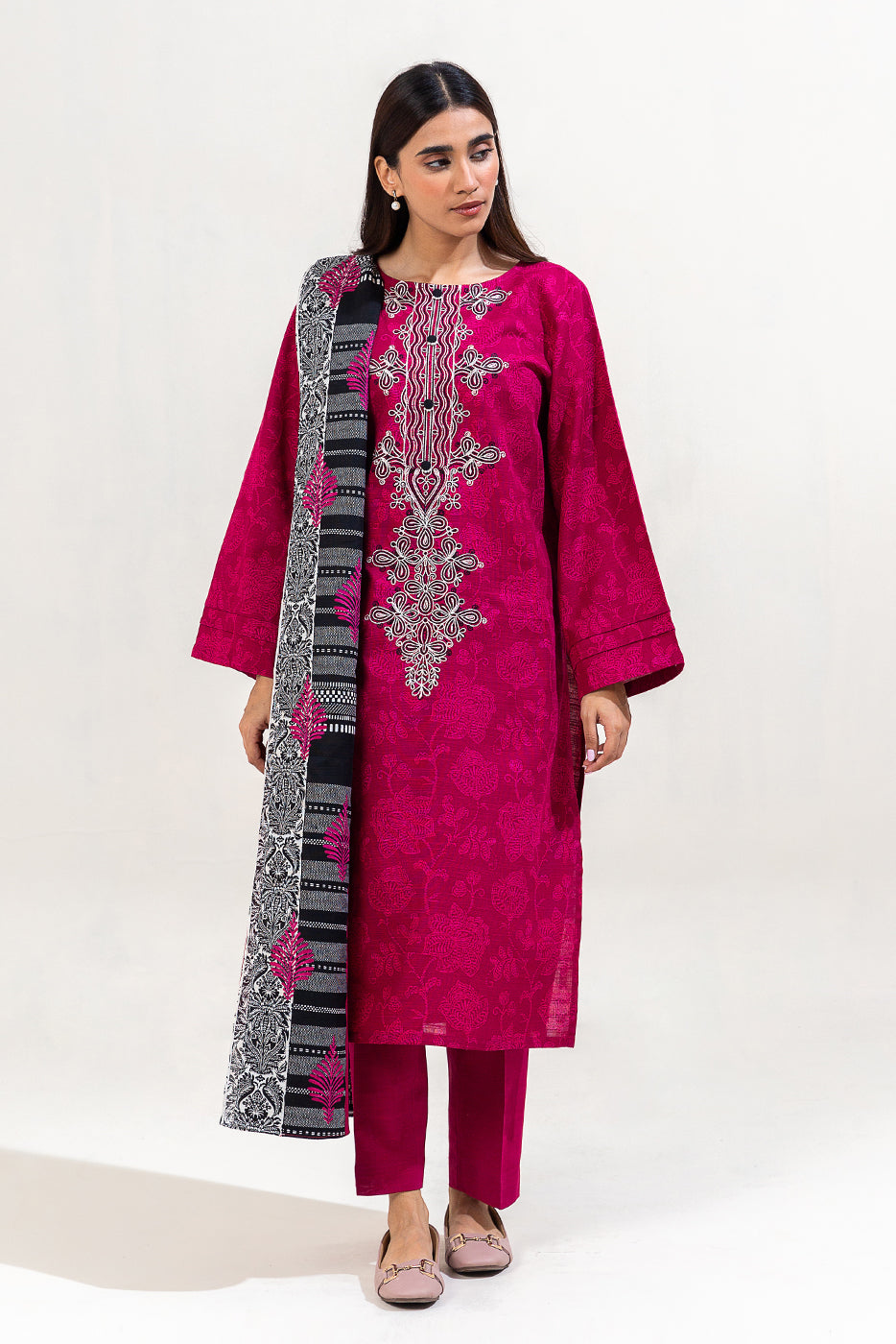 3 Piece Embroidered Khaddar Suit-Magenta Noir (Unstitched)