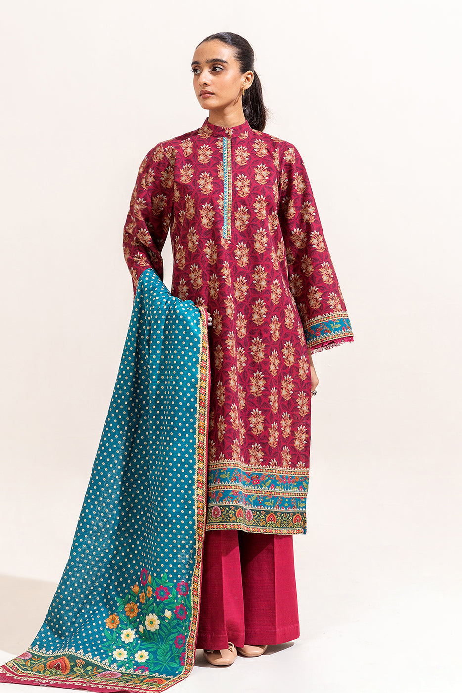 3 Piece Printed Khaddar Suit-Mulberry Fern (Unstitched)