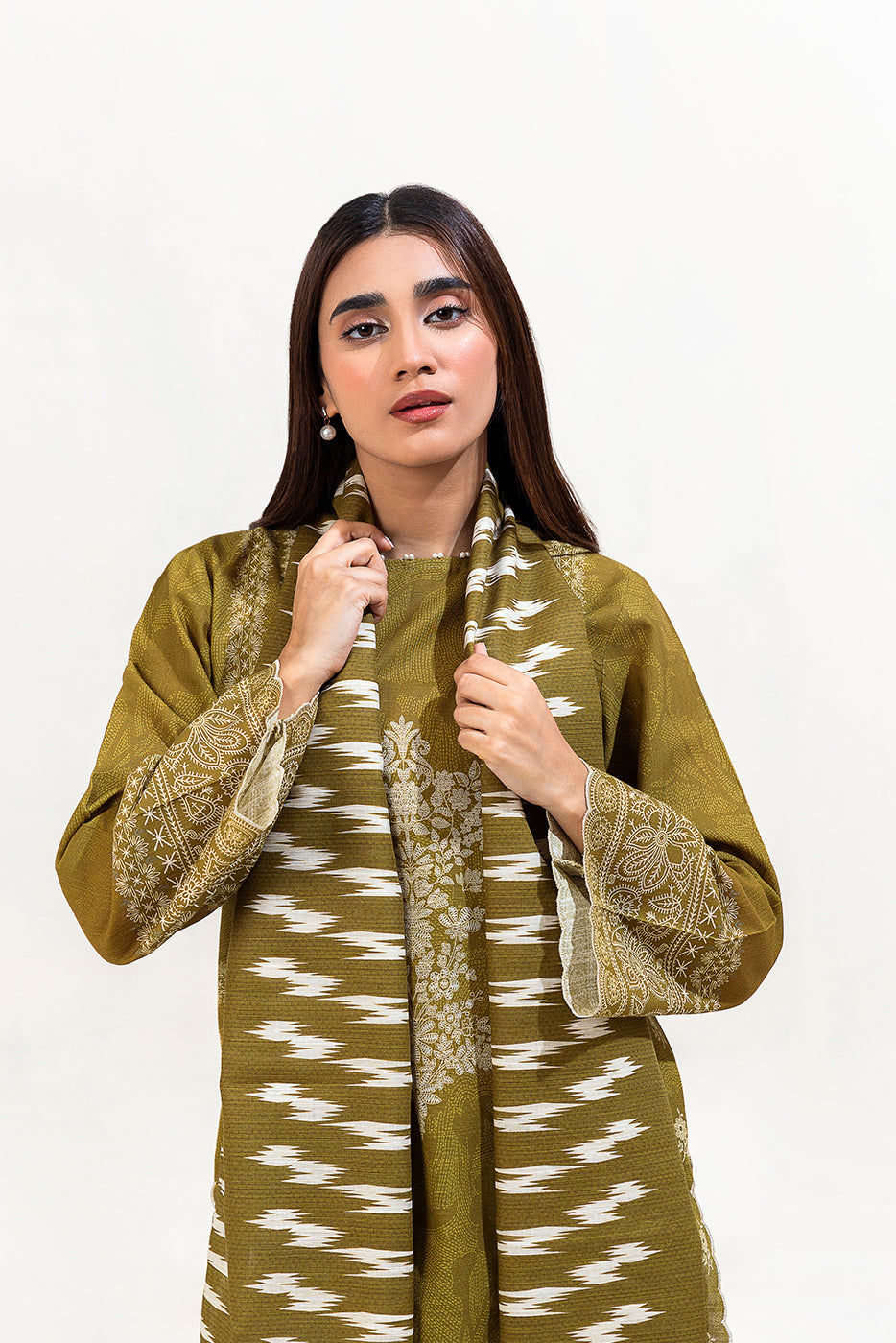 3 Piece Printed Khaddar Suit-Olive Serene (Unstitched)