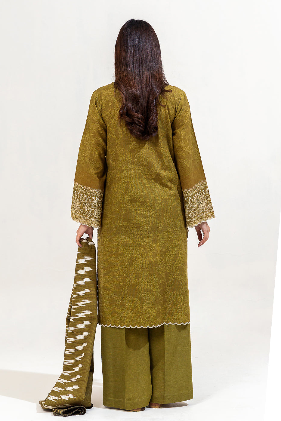 3 Piece Printed Khaddar Suit-Olive Serene (Unstitched)