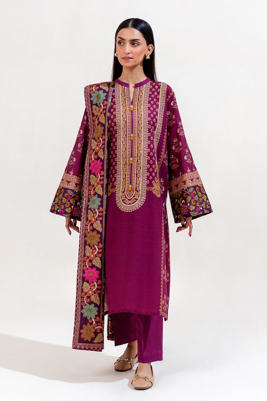 3 Piece Printed Khaddar Suit-Sangria Mist (Unstitched)