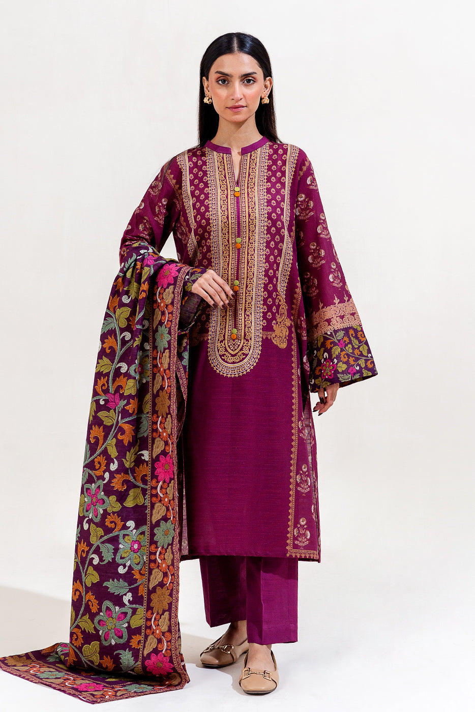 3 Piece Printed Khaddar Suit-Sangria Mist (Unstitched)