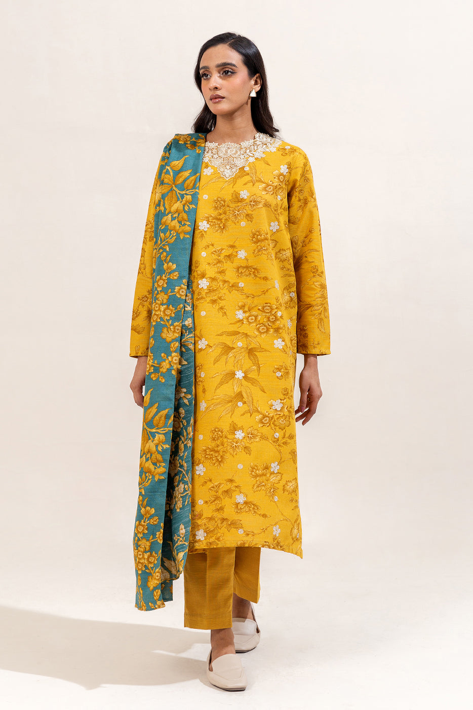 3 Piece Embroidered Khaddar Suit-Mustard Seed (Unstitched)