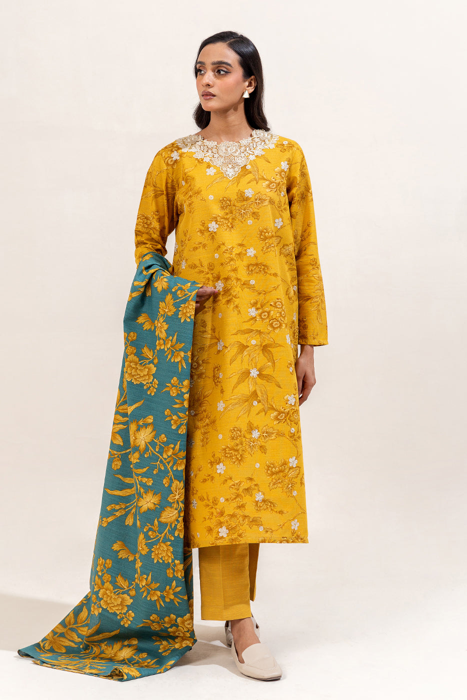 3 Piece Embroidered Khaddar Suit-Mustard Seed (Unstitched)