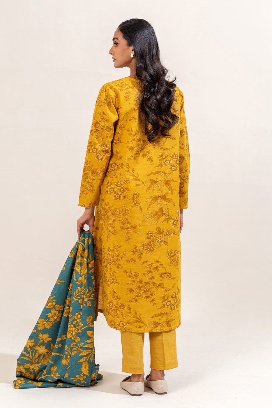 3 Piece Embroidered Khaddar Suit-Mustard Seed (Unstitched)