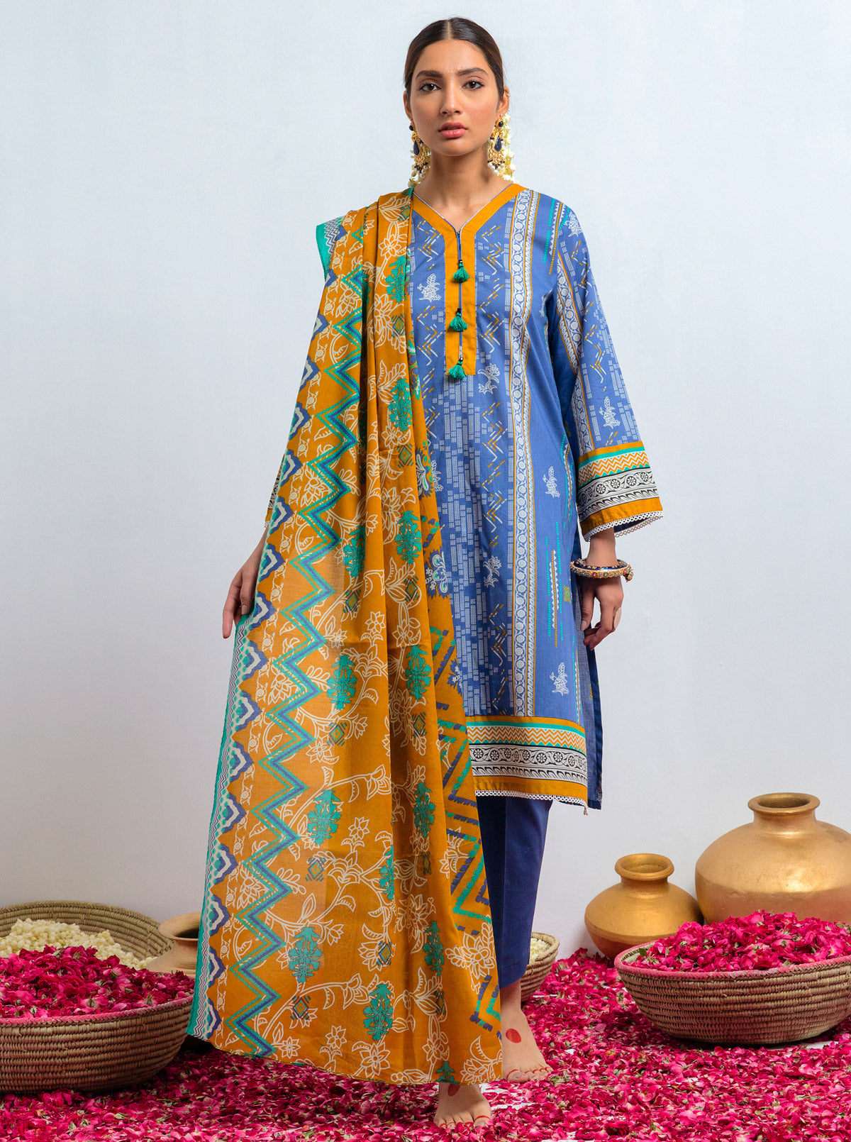 3 Piece - Printed Lawn Suit - Blue Gaze