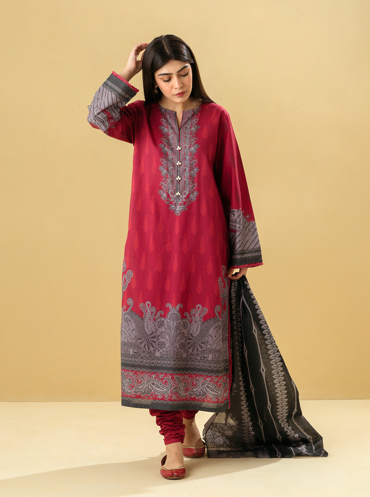 2 PIECE - PRINTED LAWN SUIT - ROUGE GLEAM
