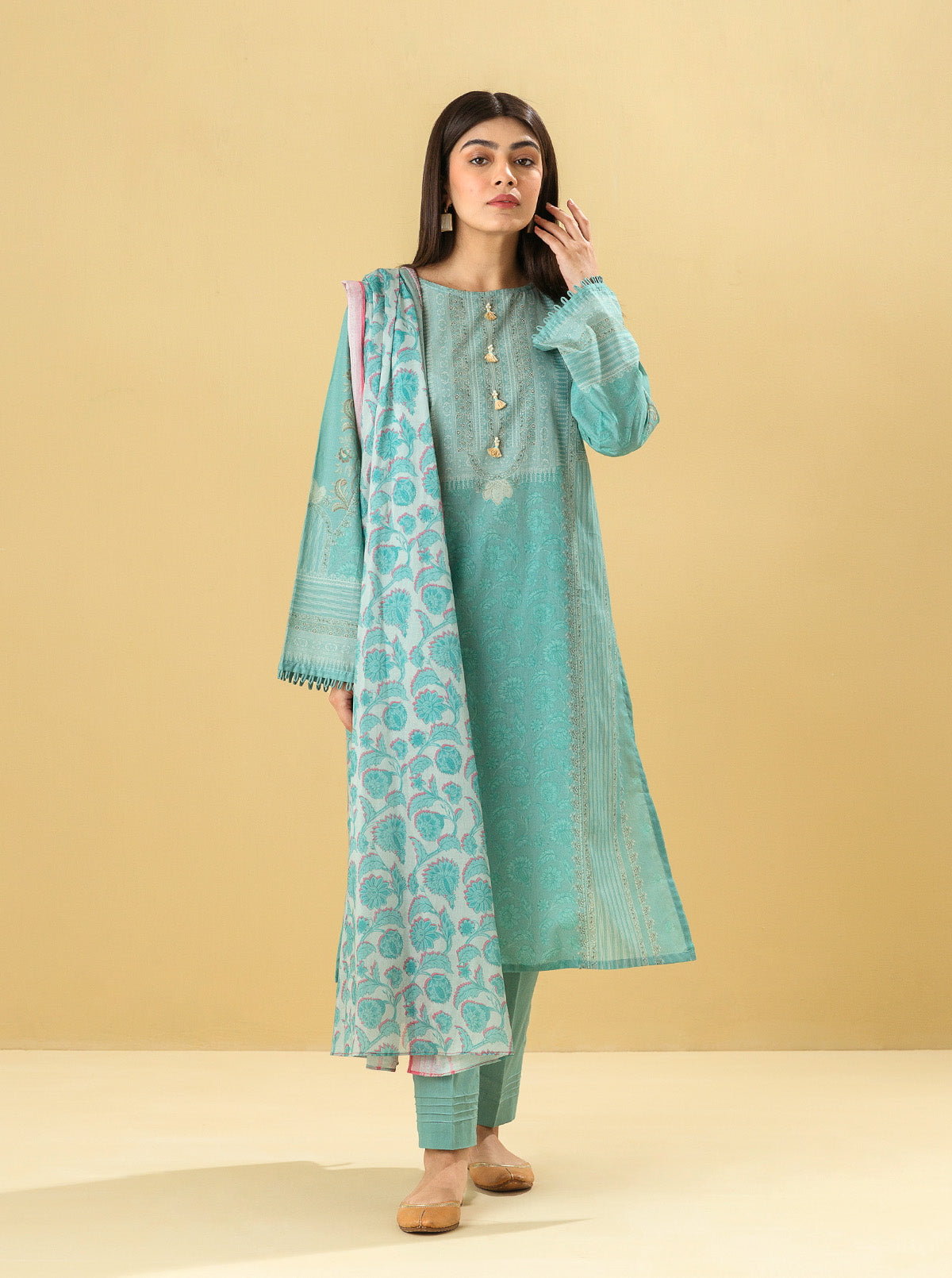 3 Piece - Printed Lawn Suit - Aqua Haze