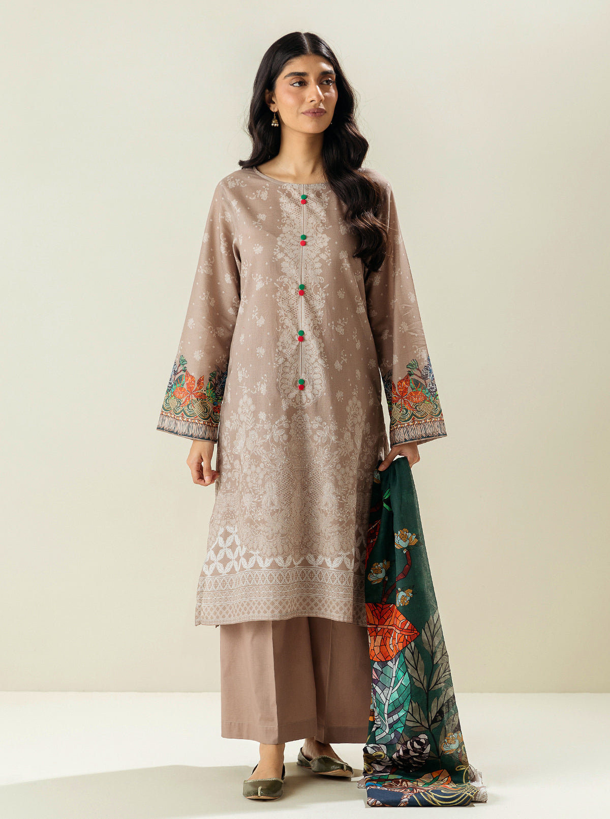 3 Piece - Printed Lawn Suit - Neoclassical Creme