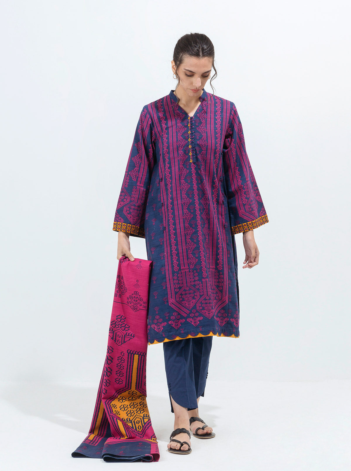 3 Piece - Printed Khaddar Suit - Vista Blue