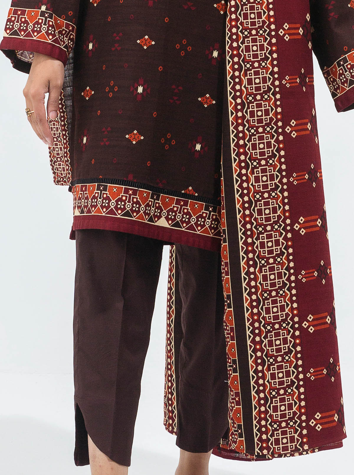 3 Piece - Printed Khaddar Suit - Dusky Brown