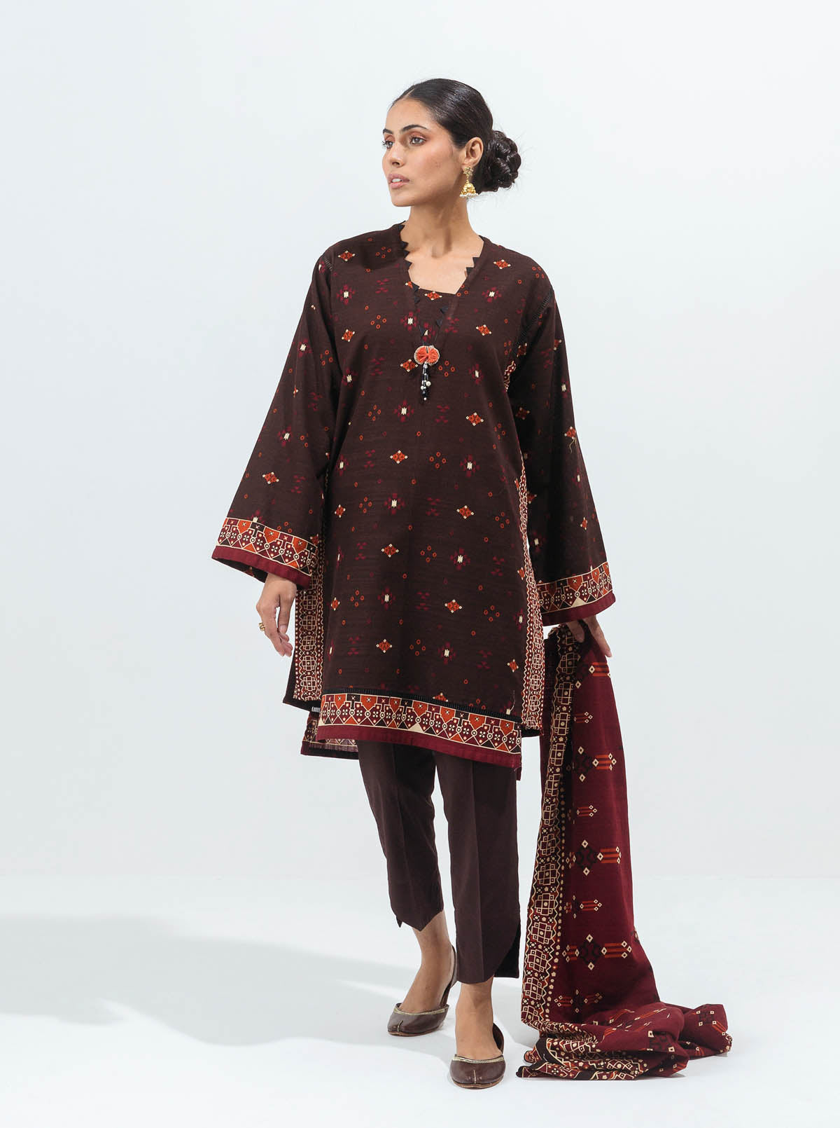 3 Piece - Printed Khaddar Suit - Dusky Brown