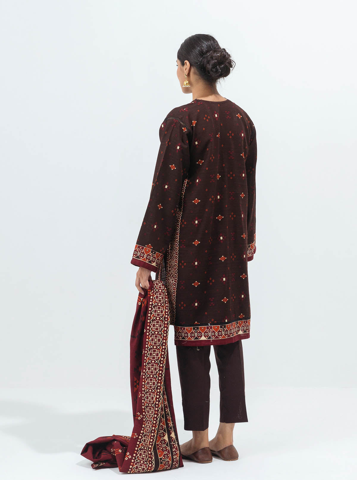 3 Piece - Printed Khaddar Suit - Dusky Brown