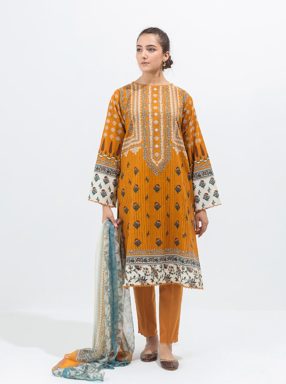 3 Piece - Printed Khaddar Suit - Ochre Gold
